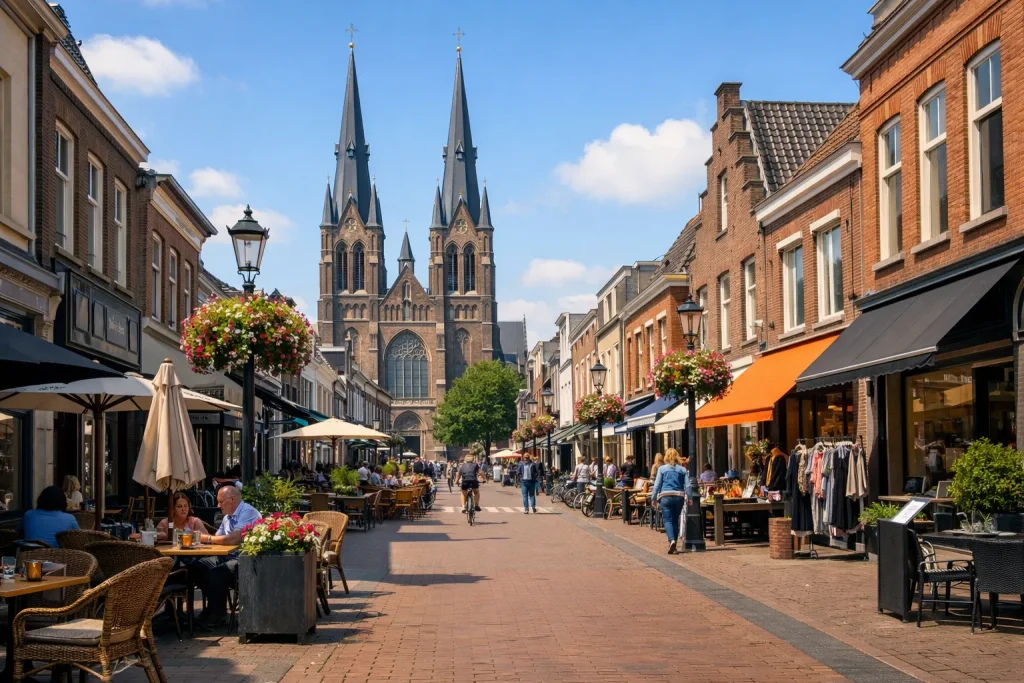 Drukke winkelstraat in Waalwijk met terrasjes en kerk op de achtergrond.