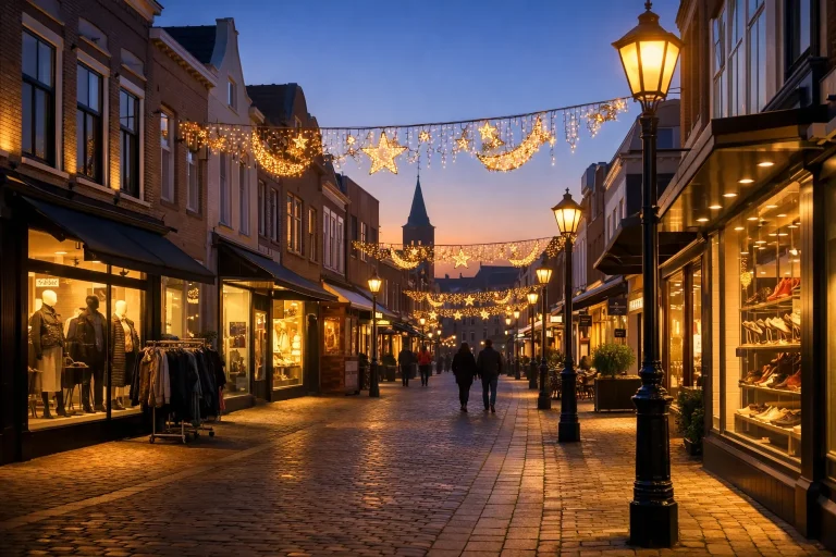 Verlichte winkelstraat in Waalwijk in de avond