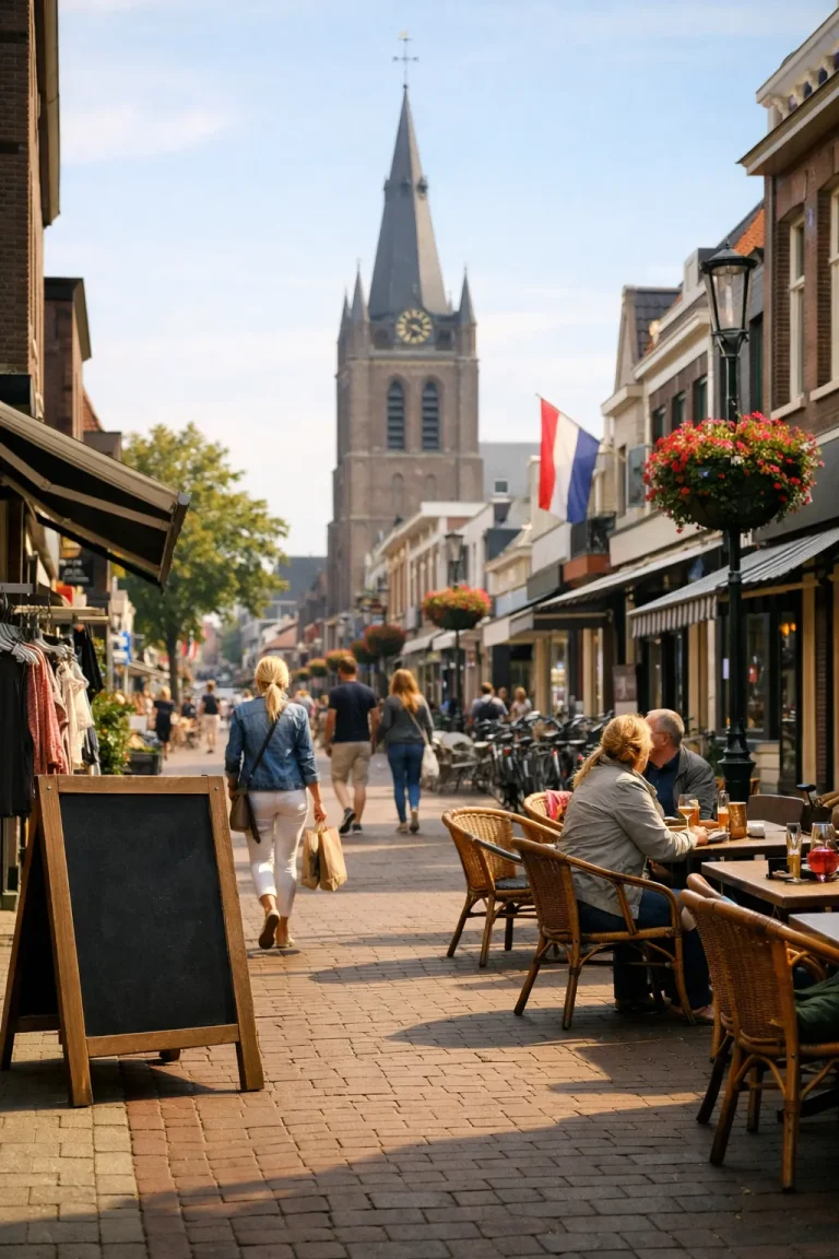 Drukke winkelstraat in Waalwijk op zondag met terras en kerk op de achtergrond.