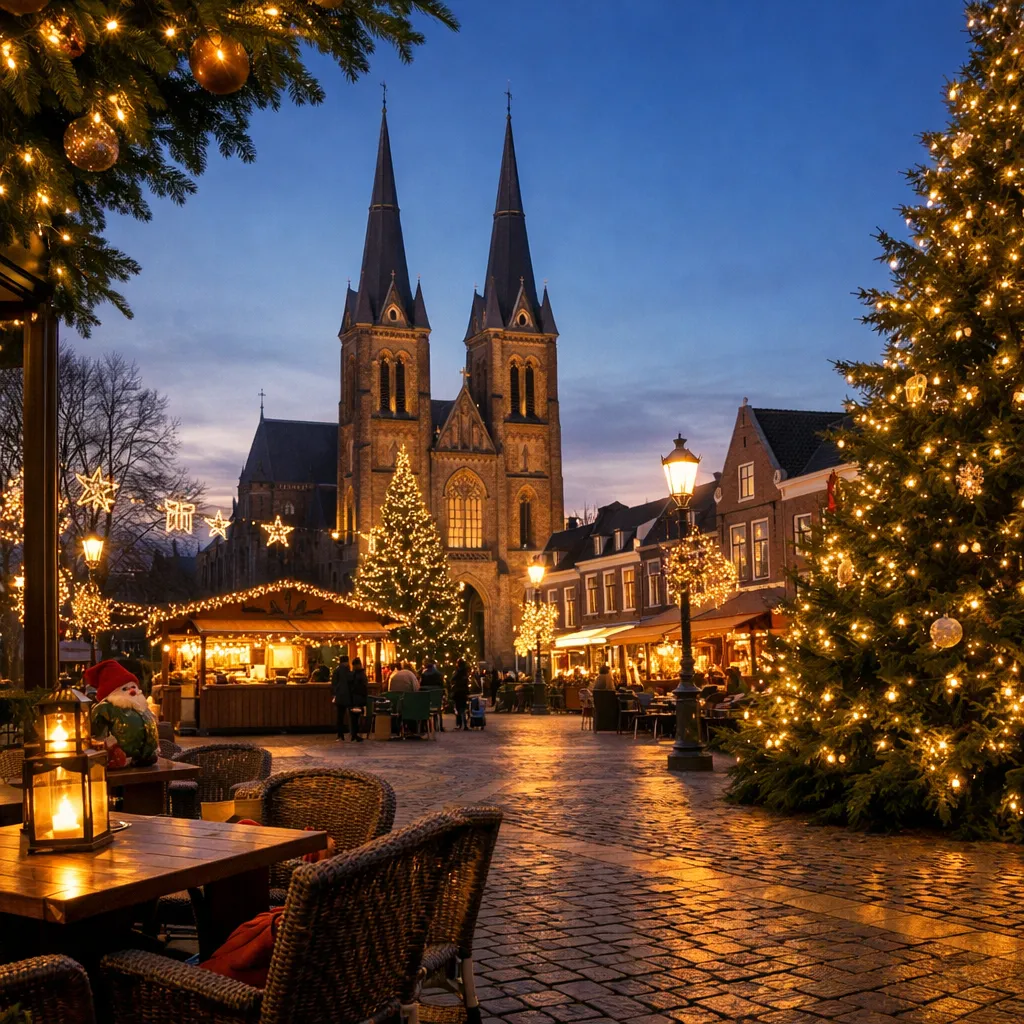 Verlichte markt en kerk op een feestelijk plein in Waalwijk bij schemering.