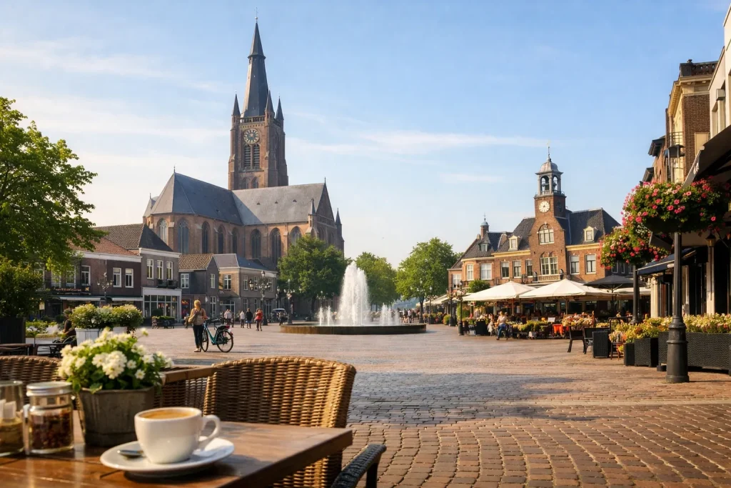 Stadsplein in Waalwijk met kerk en terras
