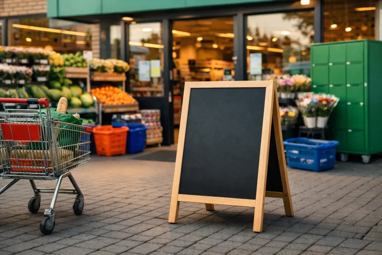 Ingang van een supermarkt in Waalwijk met winkelwagen en buitendisplays