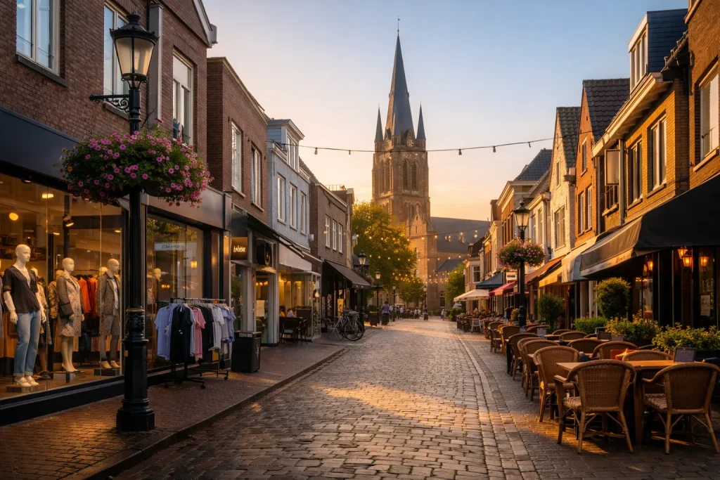 Winkelstraat in Waalwijk bij zonsondergang