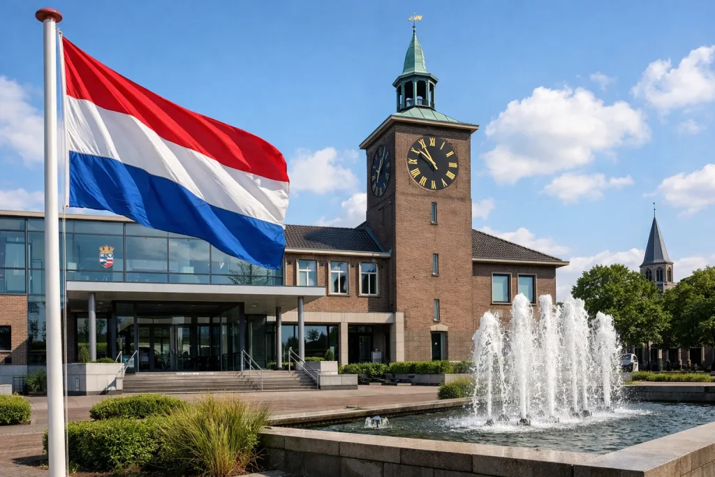 Buitenaanzicht van het gemeentehuis in Waalwijk bij zonnig weer.
