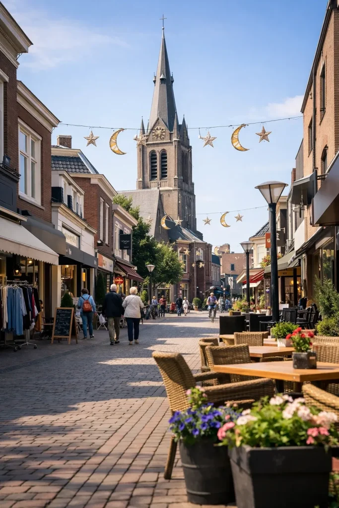 Drukke winkelstraat in het centrum van Waalwijk met kerktoren op de achtergrond.
