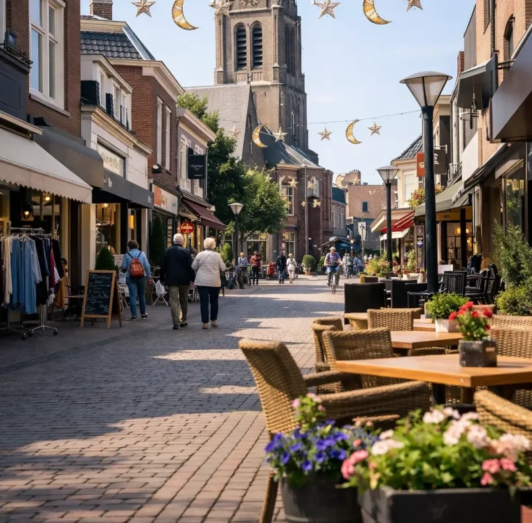 Drukke winkelstraat in het centrum van Waalwijk met kerktoren op de achtergrond.