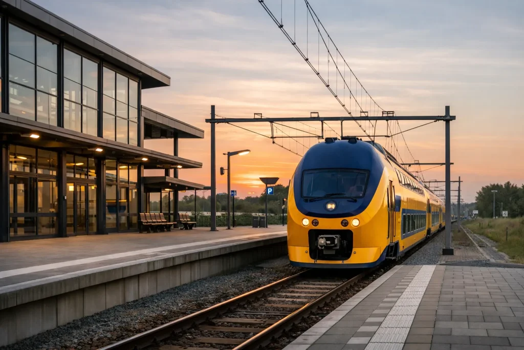 NS-trein aan het perron bij een modern station in Waalwijk tijdens zonsondergang