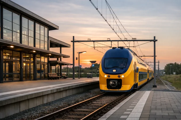 NS-trein aan het perron bij een modern station in Waalwijk tijdens zonsondergang