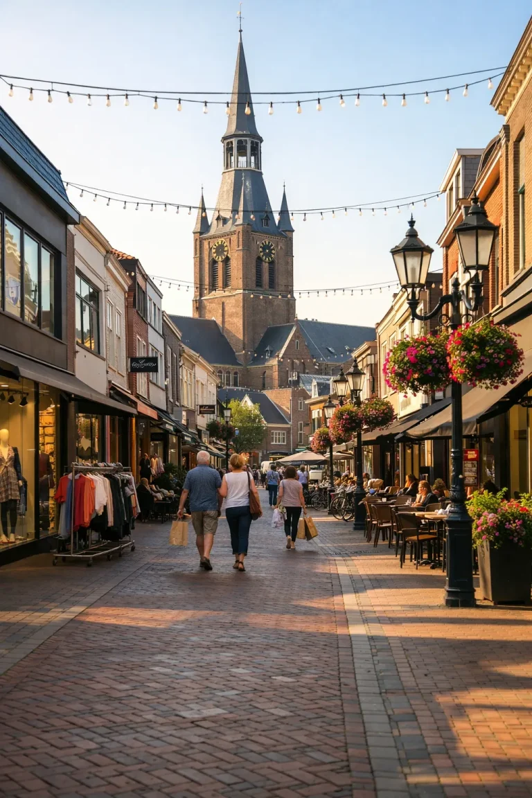 Drukke winkelstraat in Waalwijk met winkels en terrassen.