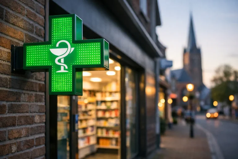 Apotheekgevel met groen kruis in Waalwijk, avond