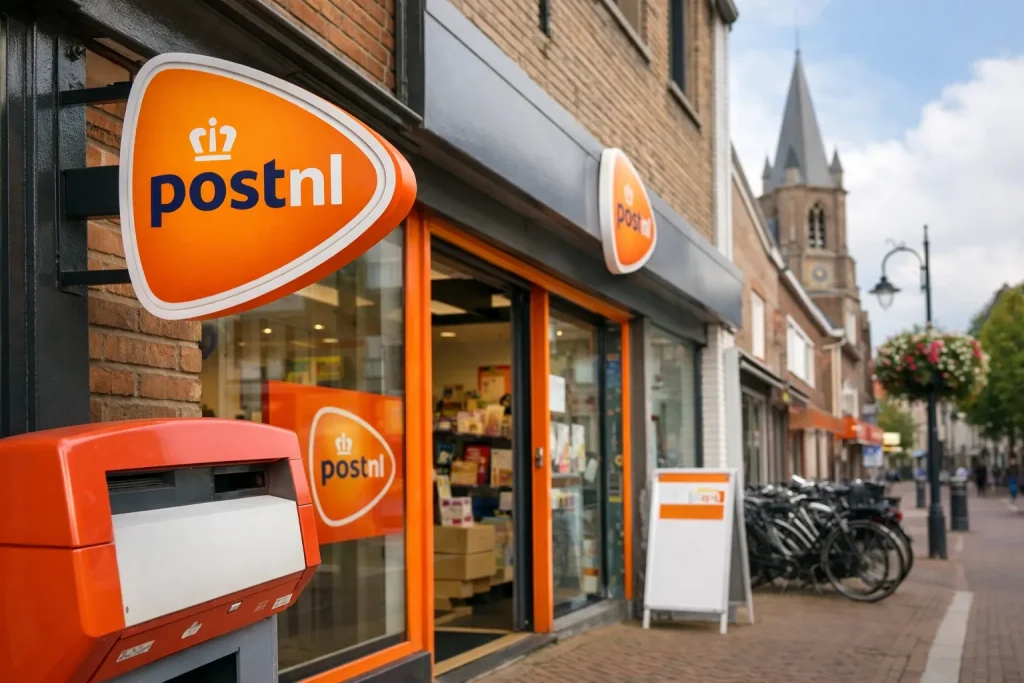 Voorkant van een PostNL-servicepunt in Waalwijk zonder tekst in beeld