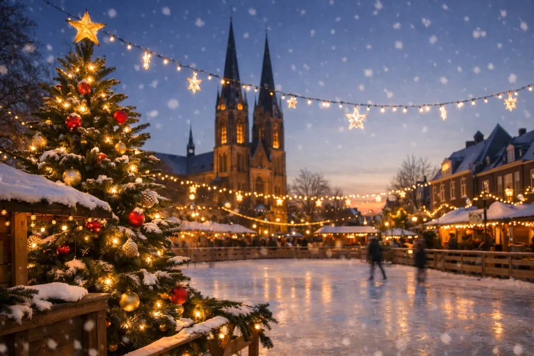 Verlichte kerstboom en ijsbaan in Waalwijk bij schemering
