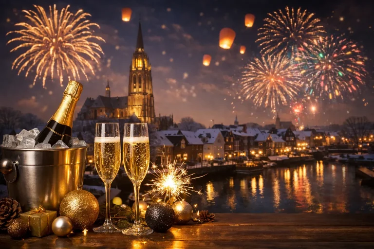 Vuurwerk boven Waalwijk met champagneglazen