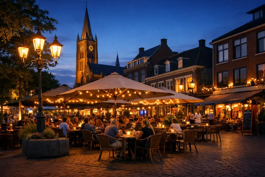 Druk terras in Waalwijk bij schemering zonder tekst