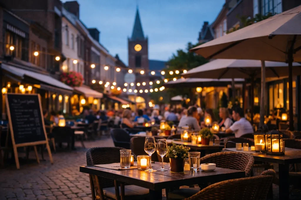 Terras met restaurants in Waalwijk bij schemering