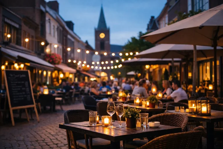 Terras met restaurants in Waalwijk bij schemering