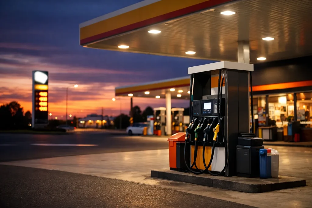 Verlicht tankstation in Waalwijk bij zonsondergang, met benzinepompen onder een overkapping.