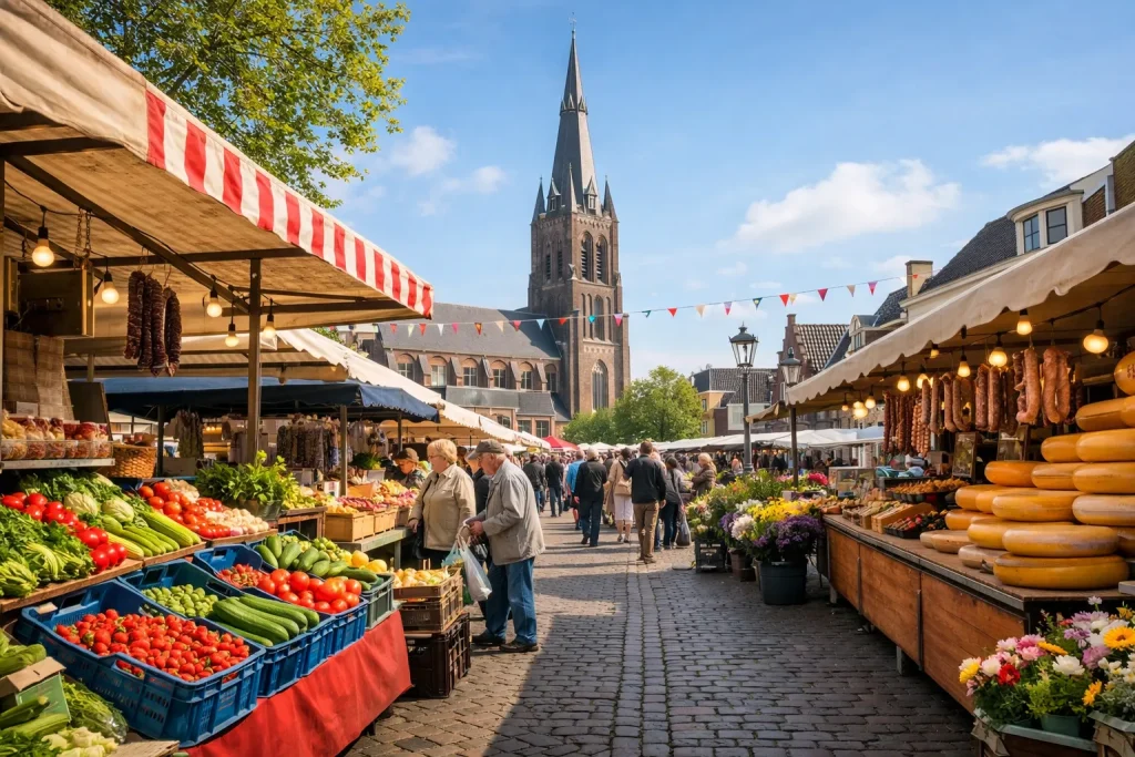 Drukke weekmarkt met kramen in Waalwijk, zonnige dag.
