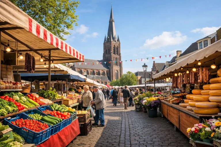 Drukke weekmarkt met kramen in Waalwijk, zonnige dag.
