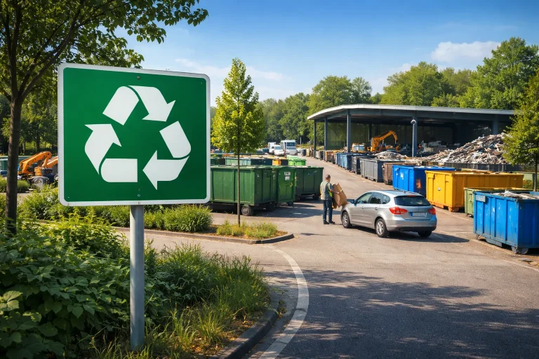 Realistische foto van een milieustraat met containers en auto zonder tekst in beeld.