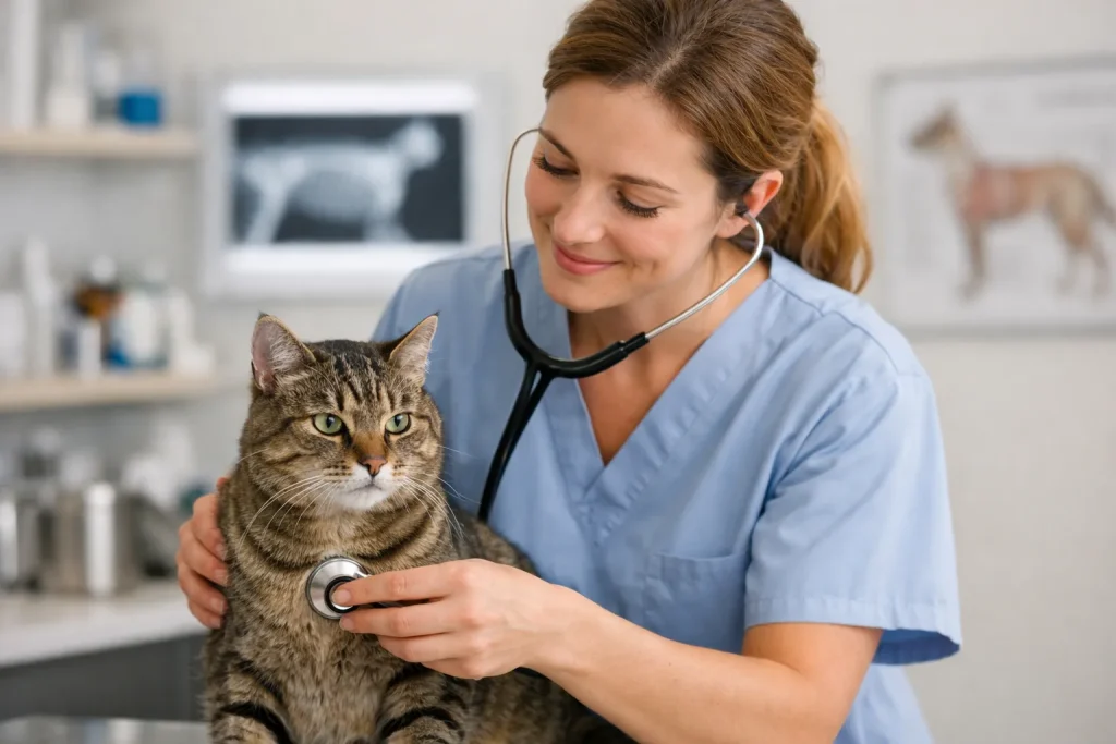 Dierenarts onderzoekt kat in behandelkamer