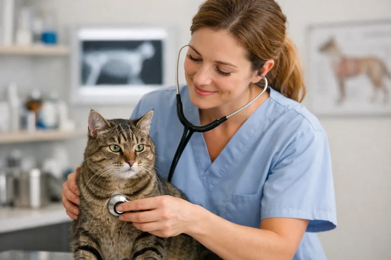 Dierenarts onderzoekt kat in behandelkamer