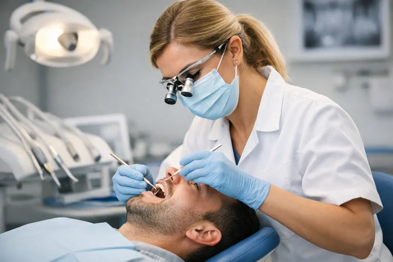 Tandarts behandelt patiënt in moderne behandelkamer
