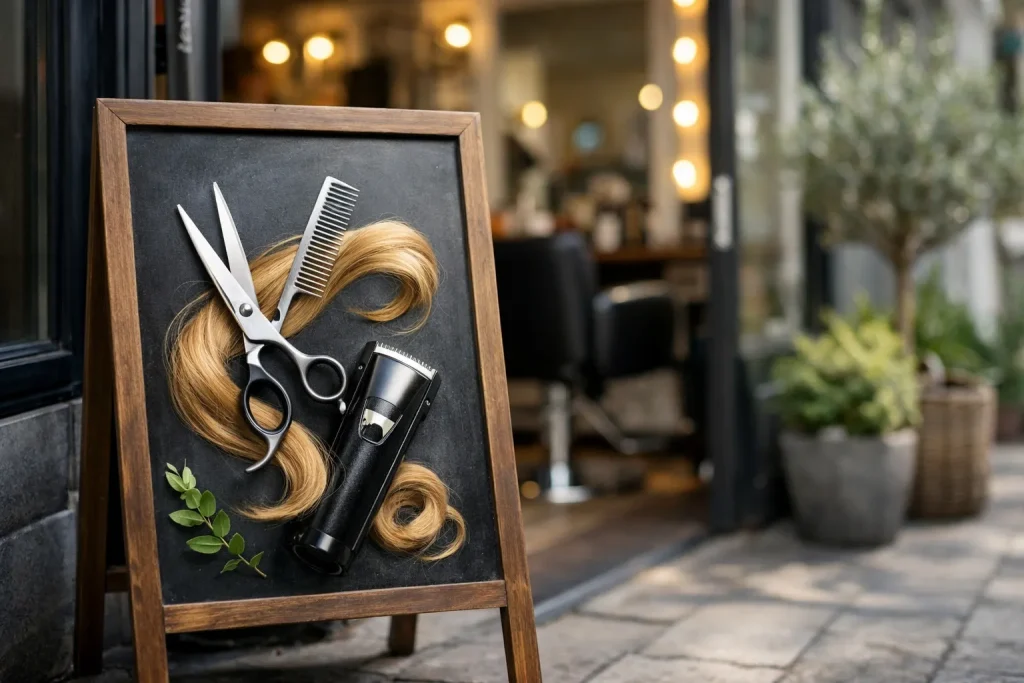 Salonbord met kappersgereedschap bij ingang in Waalwijk