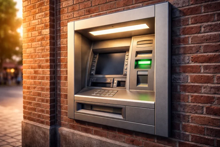 Realistische pinautomaat in een bakstenen gevel in Waalwijk, in de avond.