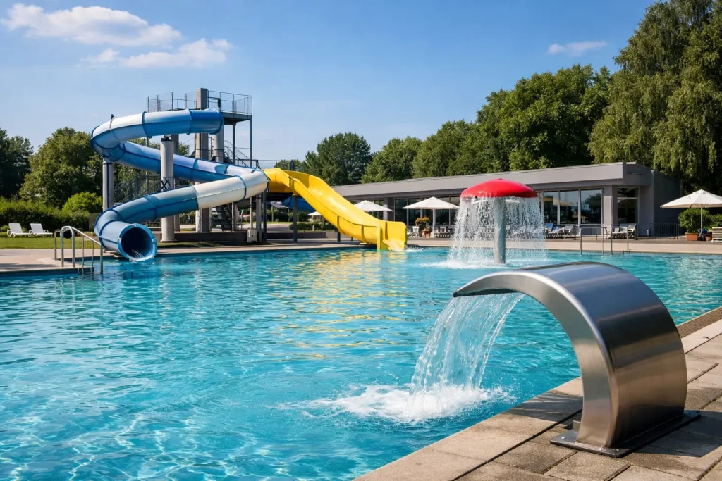 Realistische foto van een buitenzwembad met glijbanen en helder water