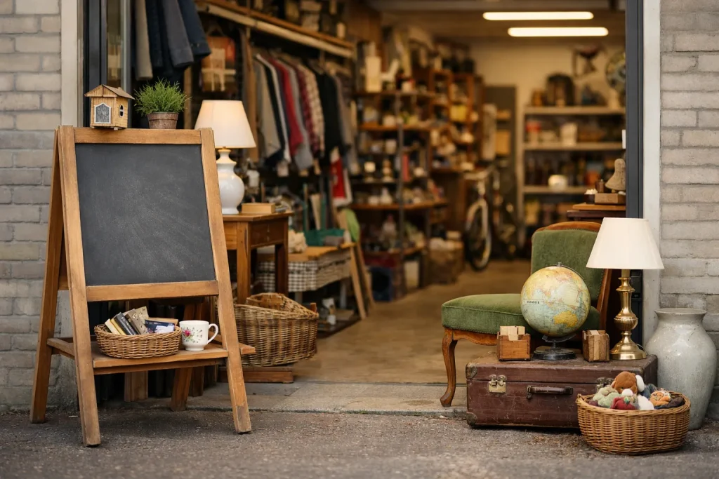 Ingang van een kringloopwinkel in Waalwijk met tweedehands spullen buiten.