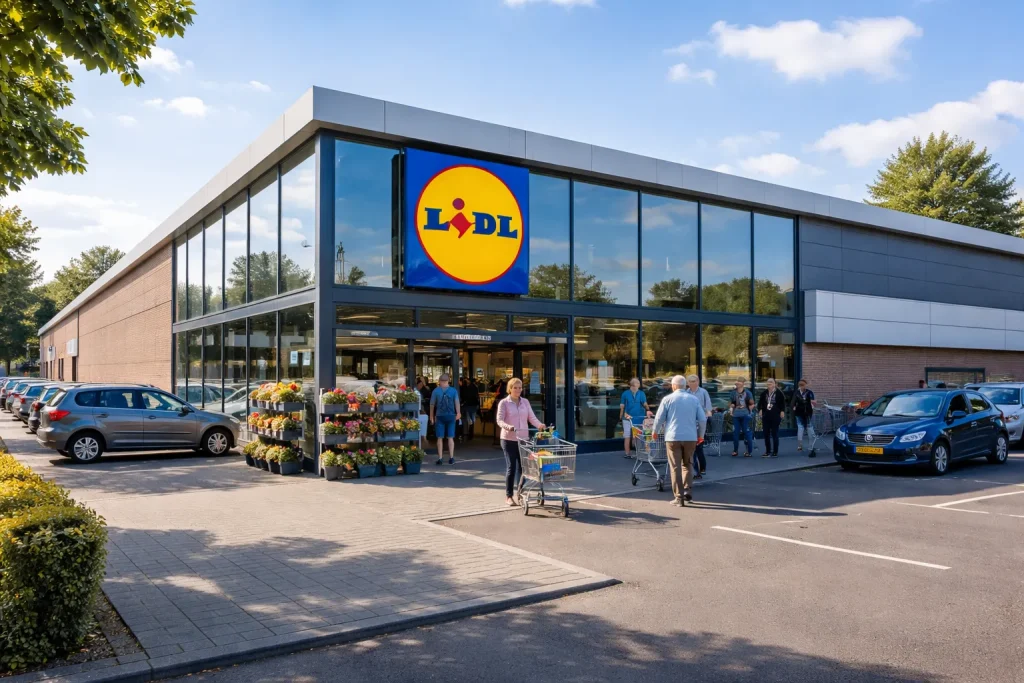 Buitenkant van een Lidl supermarkt in Wijchen met parkeerplaats en klanten.