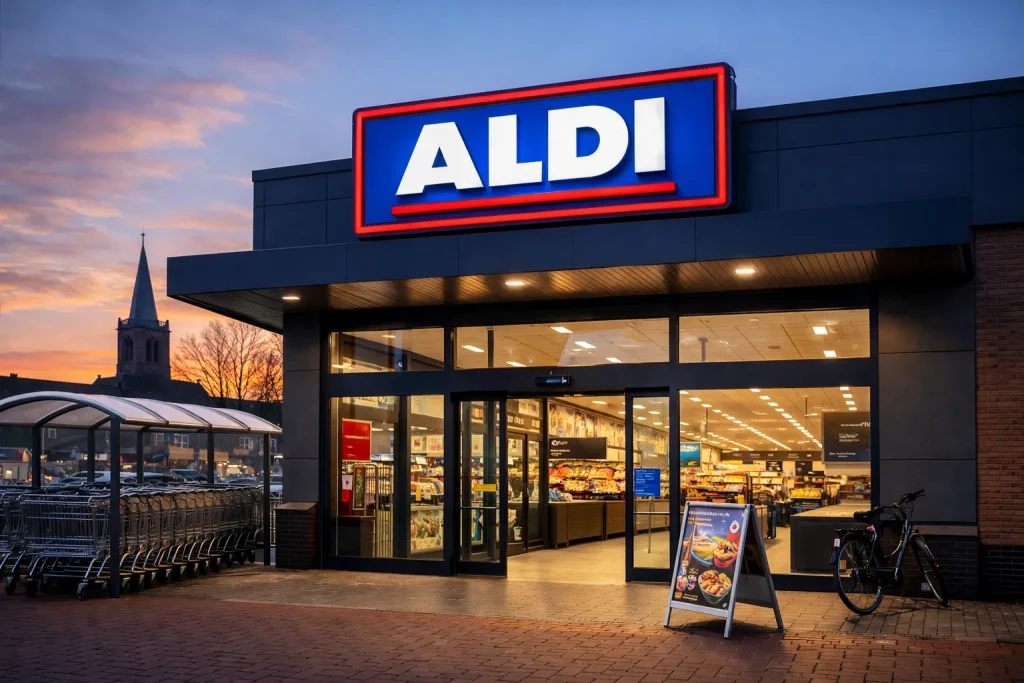 Ingang van Aldi supermarkt in Wijchen bij zonsondergang