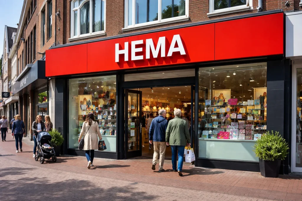 HEMA winkel in Wijchen met rode gevel en klanten bij de ingang