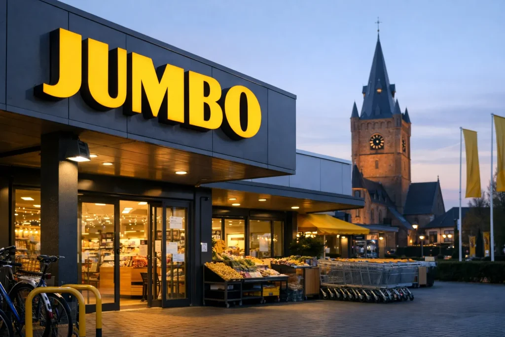 Jumbo supermarkt ingang in Wijchen bij avondlicht