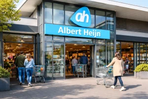 Ingang van Albert Heijn supermarkt in Wijchen met winkelwagens en klanten.